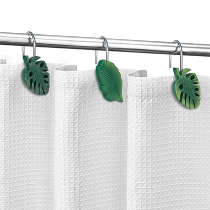 Tropical Leaf Decorative Shower Curtain Hooks Green Botanical Shower Curtain Rings, Resin, Monstera Deliciosa Leaves Shower Curtain Hangers for Bathroom, Set of 12