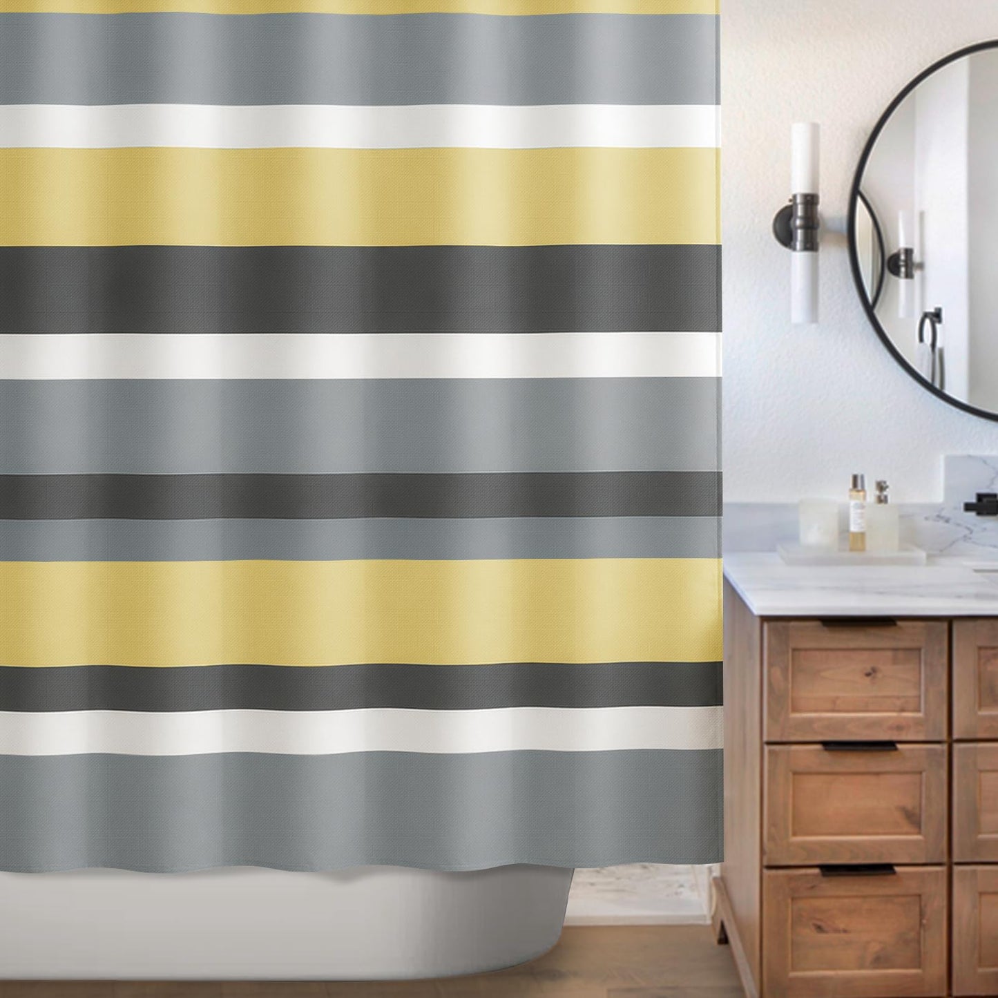 Sunlit Sage Green Gray Horizontal Stripes Water-Repellent Fabric Shower Curtain with Reinforced Metal Grommets Refreshing Striped Design Bathroom Decor, 72x72