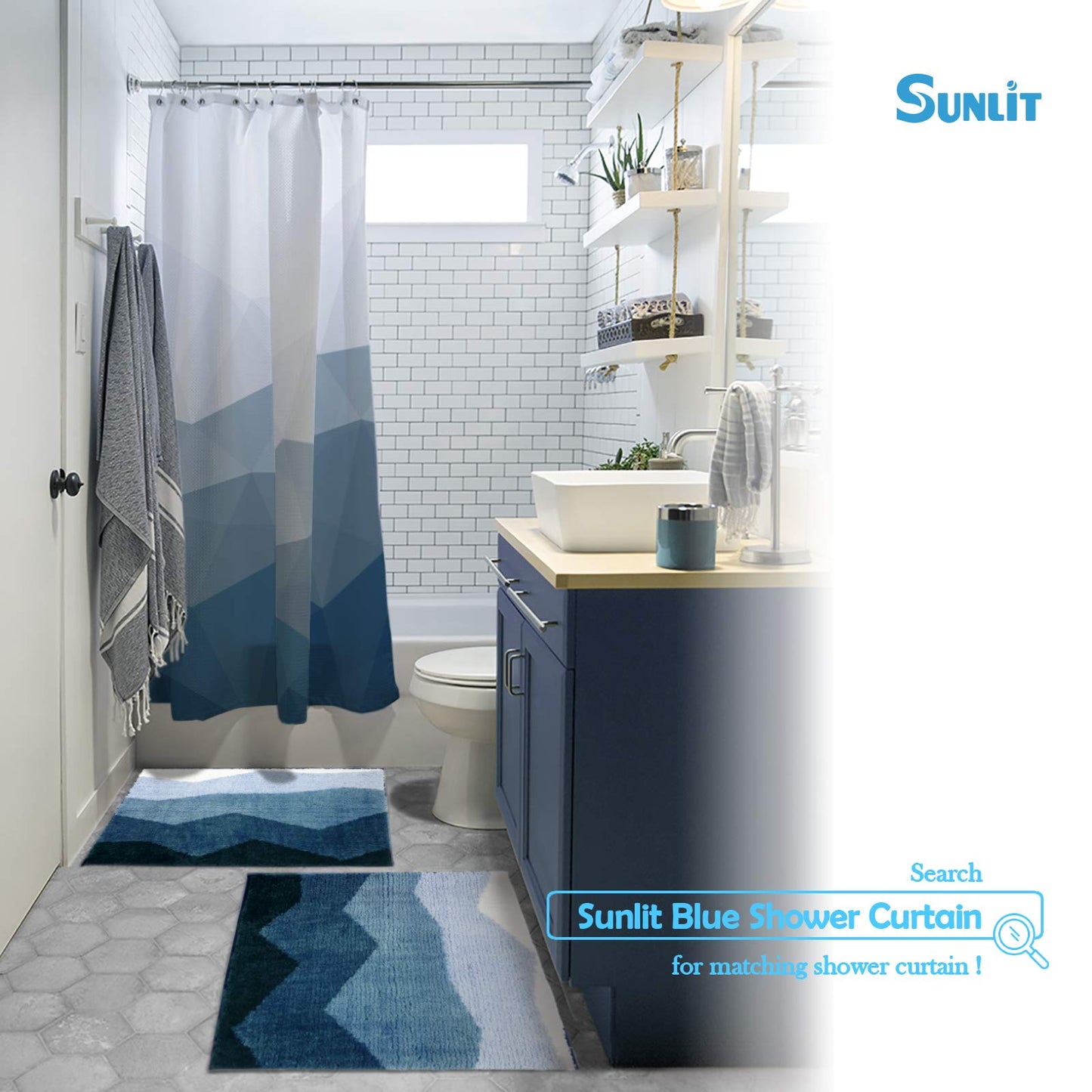 Sunlit 17"x24" Ombre Blue Bathroom Rug Non-Slip Absorbent Soft Bath Mat Set, Floor Mat Dry Fast Machine Washable.