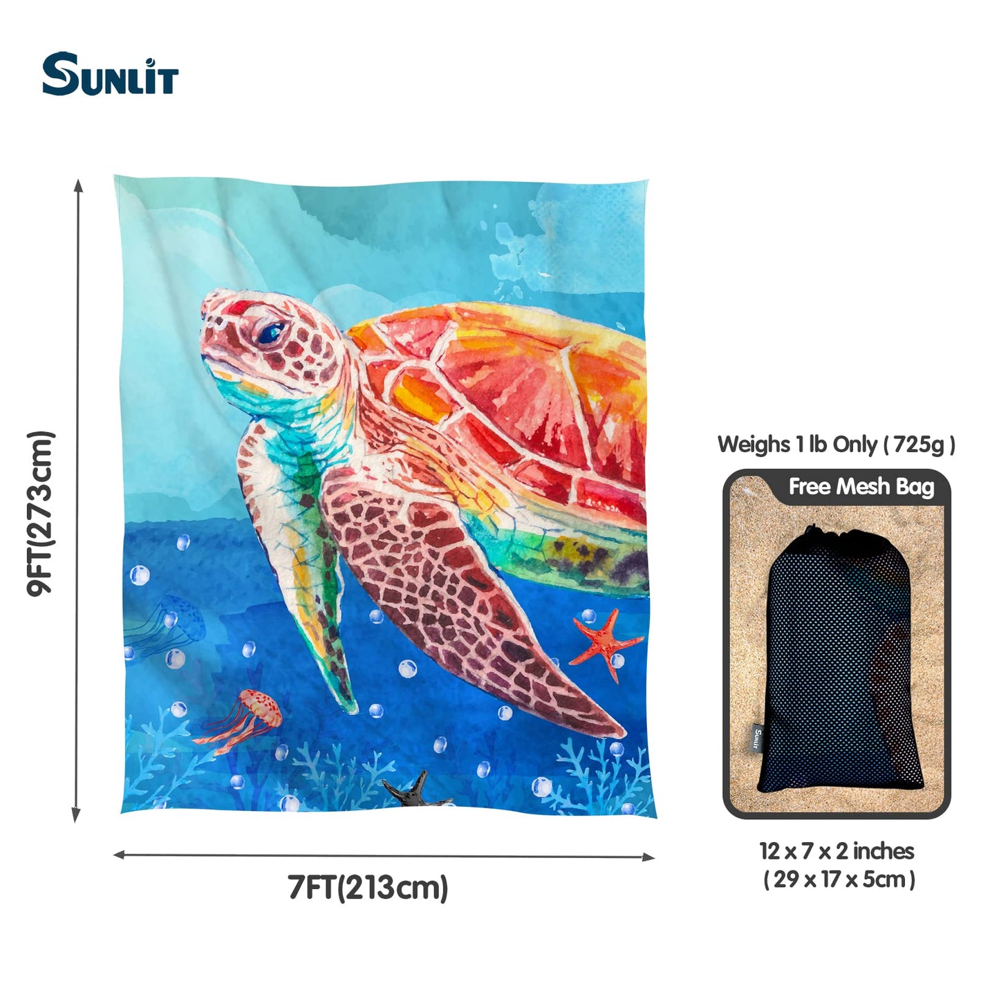 Sunlit 106"x81" Large Soft Sand Poof Beach Blanket with Corner Pockets and Mesh Bag for Beach Party, Travel, Camping and Outdoor Picnic, Light Weight and Portable, Sea Turtle Blue Wave