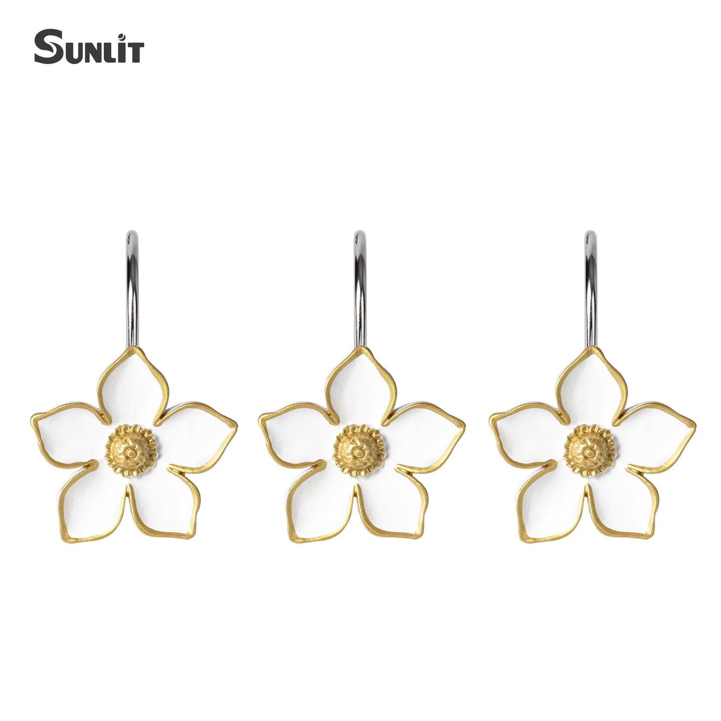 Sunlit Flower Shower Curtain Hooks, Home Decorative Shower Curtain Rings for Bathroom, Resin, White with Gold Edges Floral Shower Curtain Hanger Hooks for Living Room, Set of 12