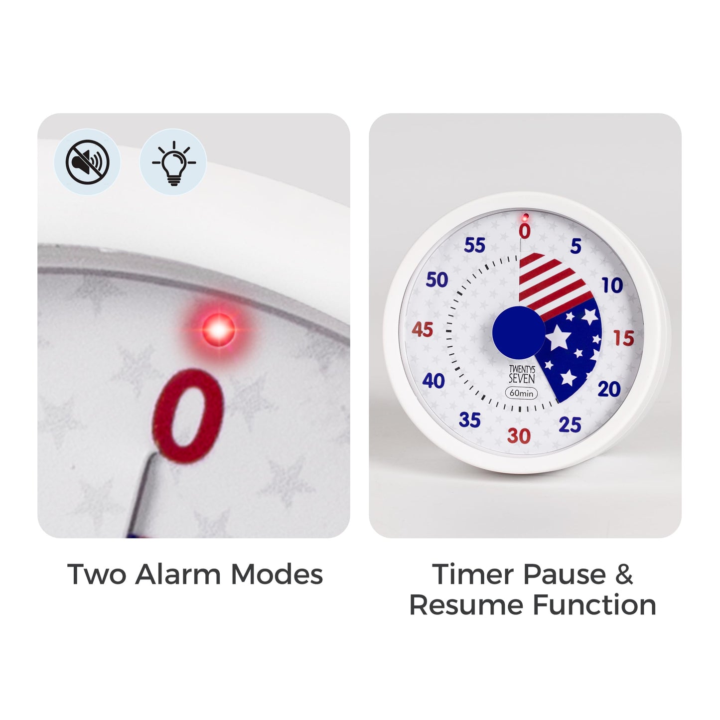 TWENTY5 SEVEN Countdown Timer 3 inch, Silent 60 Minute 1 Hour Visual Timer with Pause, Magnetic Classroom Teaching Tool Office Meeting, Countdown Clock for Kids Time Management, Red White and Blue