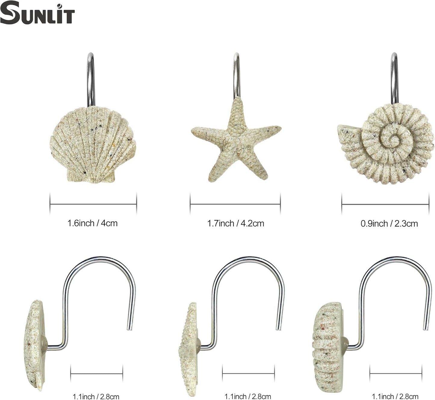 Sunlit Seashells Starfish Conch Decorative Shower Curtain Hooks, Natural Sand and Stone Ocean Creatures Coastal Shower Curtain Rings, Nautical Bathroom Decoration Beach Shower Curtain Hooks-12 Pack