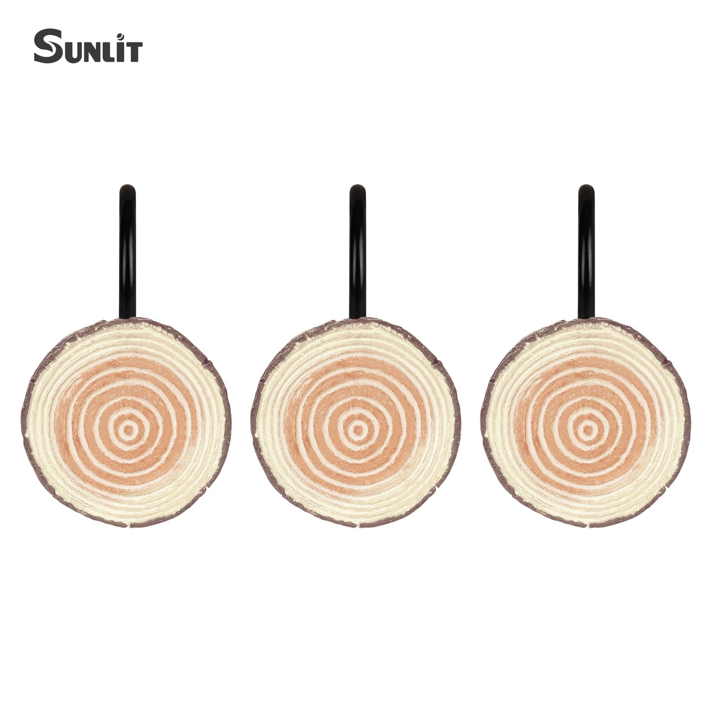 Sunlit Farmhouse Wooden Slices Shower Curtain Hooks, Rustic Home Decorative Shower Curtain Rings for Bathroom, Resin Shower Curtain Hangers Bathroom Accessories, Set of 12