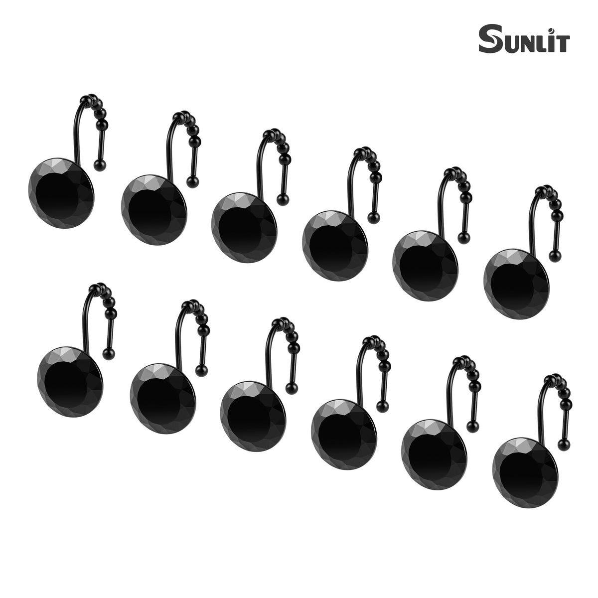 Sunlit Round Rhinestone Shower Curtain Hooks with Glide Balls, 12 Pack