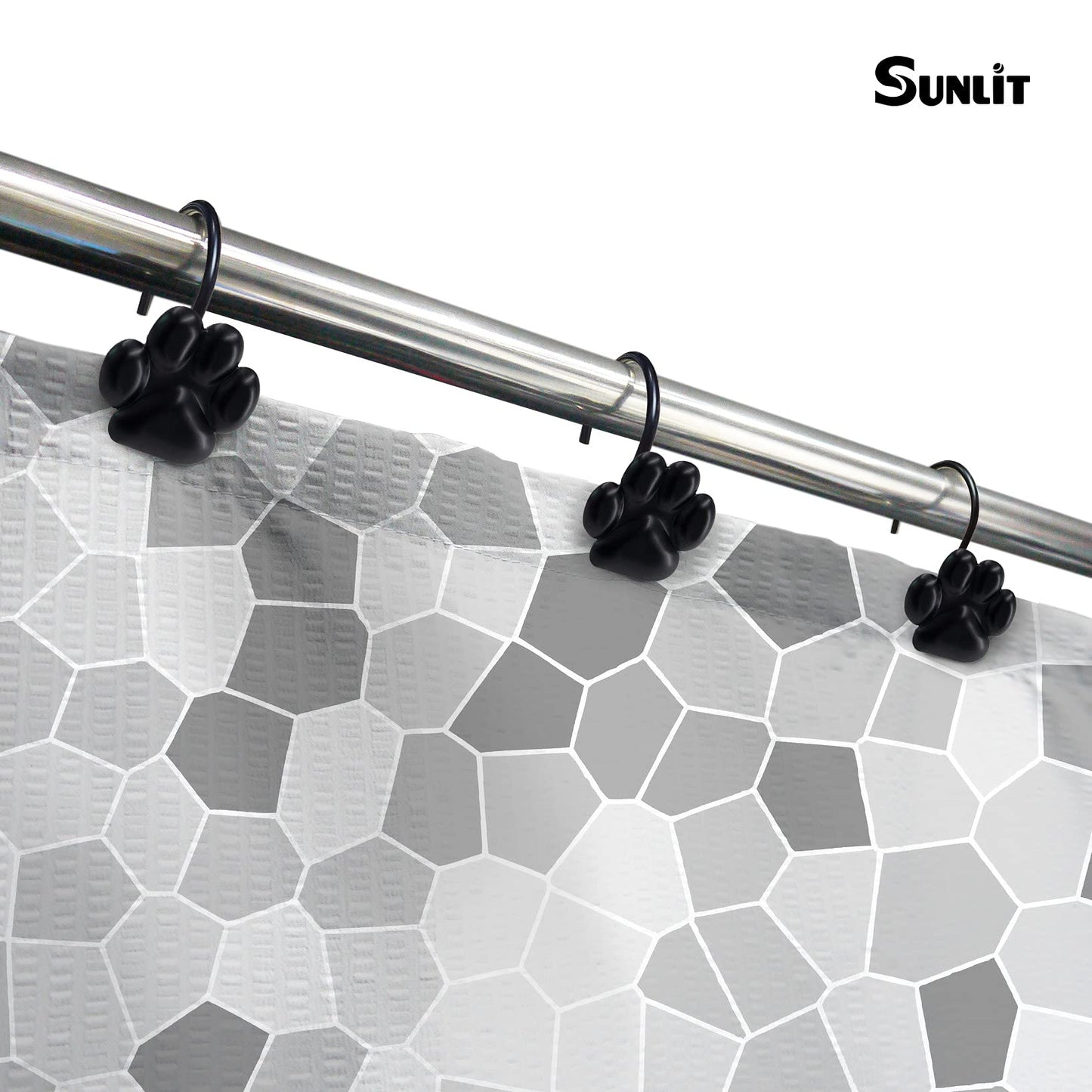Sunlit Fashion Design Cute Paw Print Polished Double Shower Curtain Hooks for Dog Cat and Bear, Rust Proof Oil Metal Shower Curtain Rings, Black-12 Pack