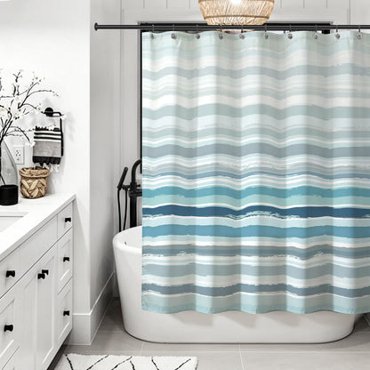 Sunlit Sunset Ombre Striped Shower Curtain, Blue and Orange Textured Slubbed Fabric Shower Curtain for Bathroom Decoration, Gradient Stripe Bathroom Curtain, 72x72