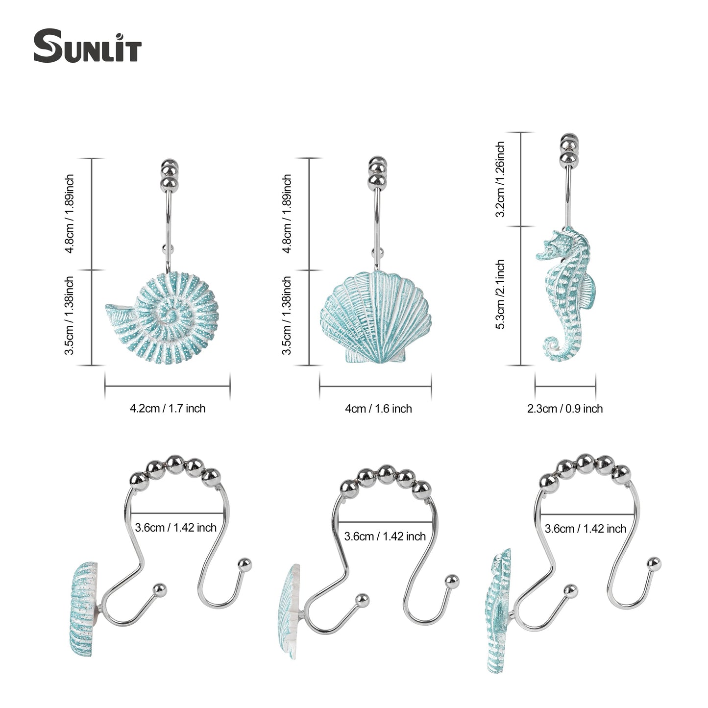 Sunlit Seashells Decorative Shower Curtain Hooks, Aqua Blue Ocean Creatures Coastal Shower Curtain Rings with Black Hooks, Resin, Nautical Bathroom Decoration Beach Shower Curtain Hooks, Set of 12