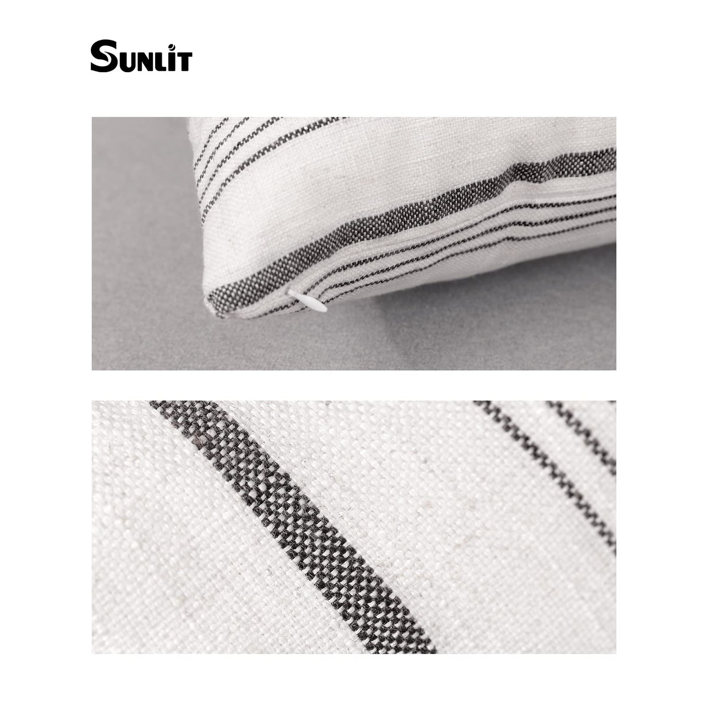 Sunlit Decorative Farmhouse Throw Pillow Case, Set of 2 Cream/Off-White with Black Stripes Modern Accent Square Pillow Cover, 22" x 22", Textured Linen Throw Cushion Covers for Couch Chair Bedroom