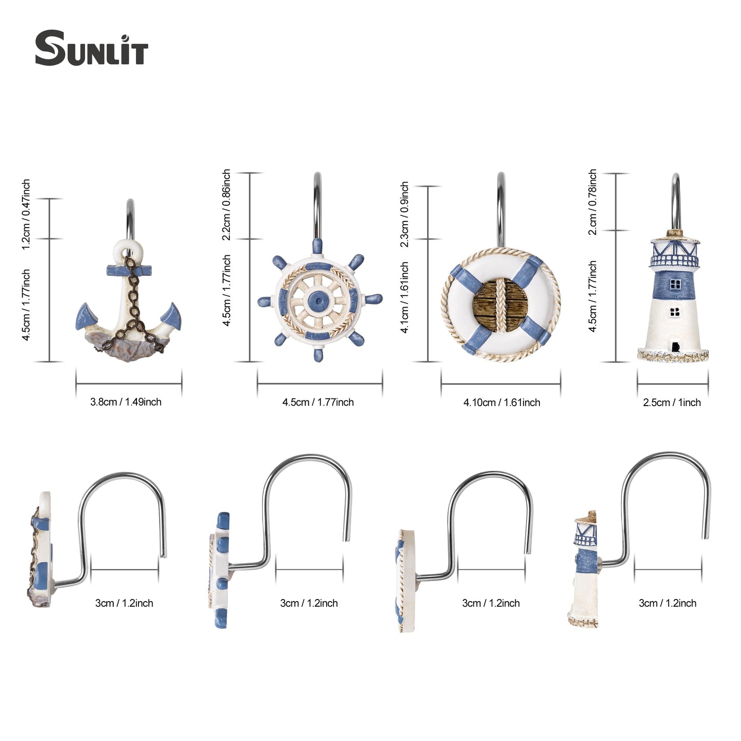 Sunlit Nautical Shower Curtain Hooks, Home Decorative Coastal Shower Curtain Rings for Bathroom, Resin, Ocean Shower Curtain Hanger Hooks for Living Room, Set of 12, Blue Lighthouse Sailboat