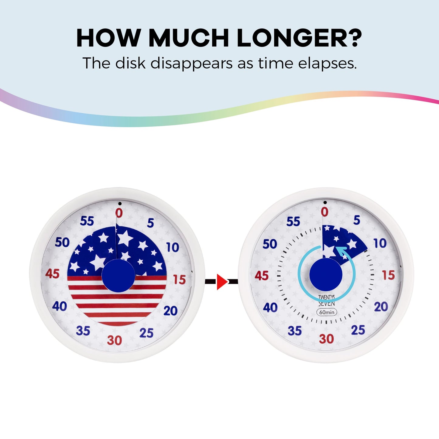 TWENTY5 SEVEN Countdown Timer 3 inch, Silent 60 Minute 1 Hour Visual Timer with Pause, Magnetic Classroom Teaching Tool Office Meeting, Countdown Clock for Kids Time Management, Red White and Blue