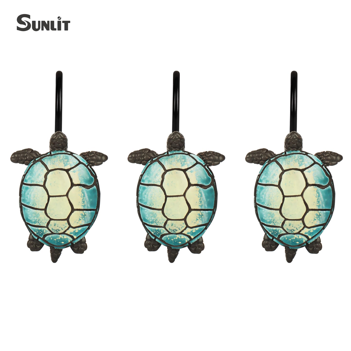 Sunlit Tilt Sea Turtle Shower Curtain Hooks, Home Decorative Shower Curtain Rings with Black Hooks for Bathroom, Resin, Ocean Shower Curtain Hanger Hooks for Kid Room Living Room, Set of 12