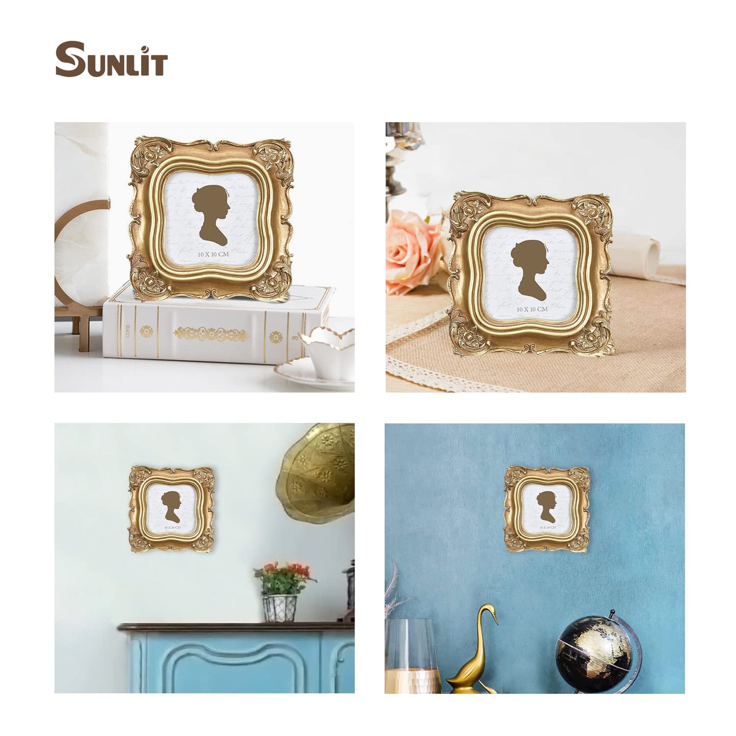 Sunlit Vintage Small Picture Frame 2.5x3.5 Inch, Antique Mini Polaroid Photo Frames with Glass Front, Luxury Wallet Size Picture Frames, Tiny Photo Frames Display Tabletop Wall Hanging Gift Ideas, Gold