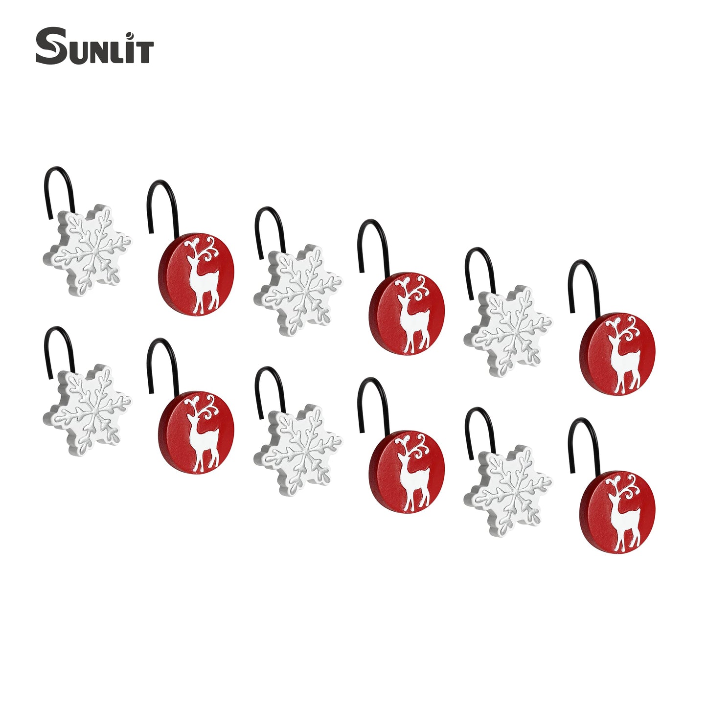 Sunlit Merry Christmas Shower Curtain Hooks White Reindeer Red Shower Curtain Rings, Resin, Winter Bathroom Decoration - 12 Pack