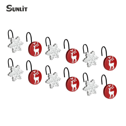 Sunlit Merry Christmas Shower Curtain Hooks White Reindeer Red Shower Curtain Rings, Resin, Winter Bathroom Decoration - 12 Pack