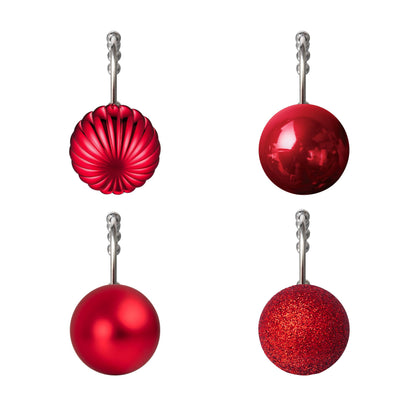 Sunlit Christmas Balls Decorative Shower Curtain Hooks, Shower Curtain Rings with Roller Balls, Xmas Theme Winter Holiday Bathroom Decoration, Set of 12, Red