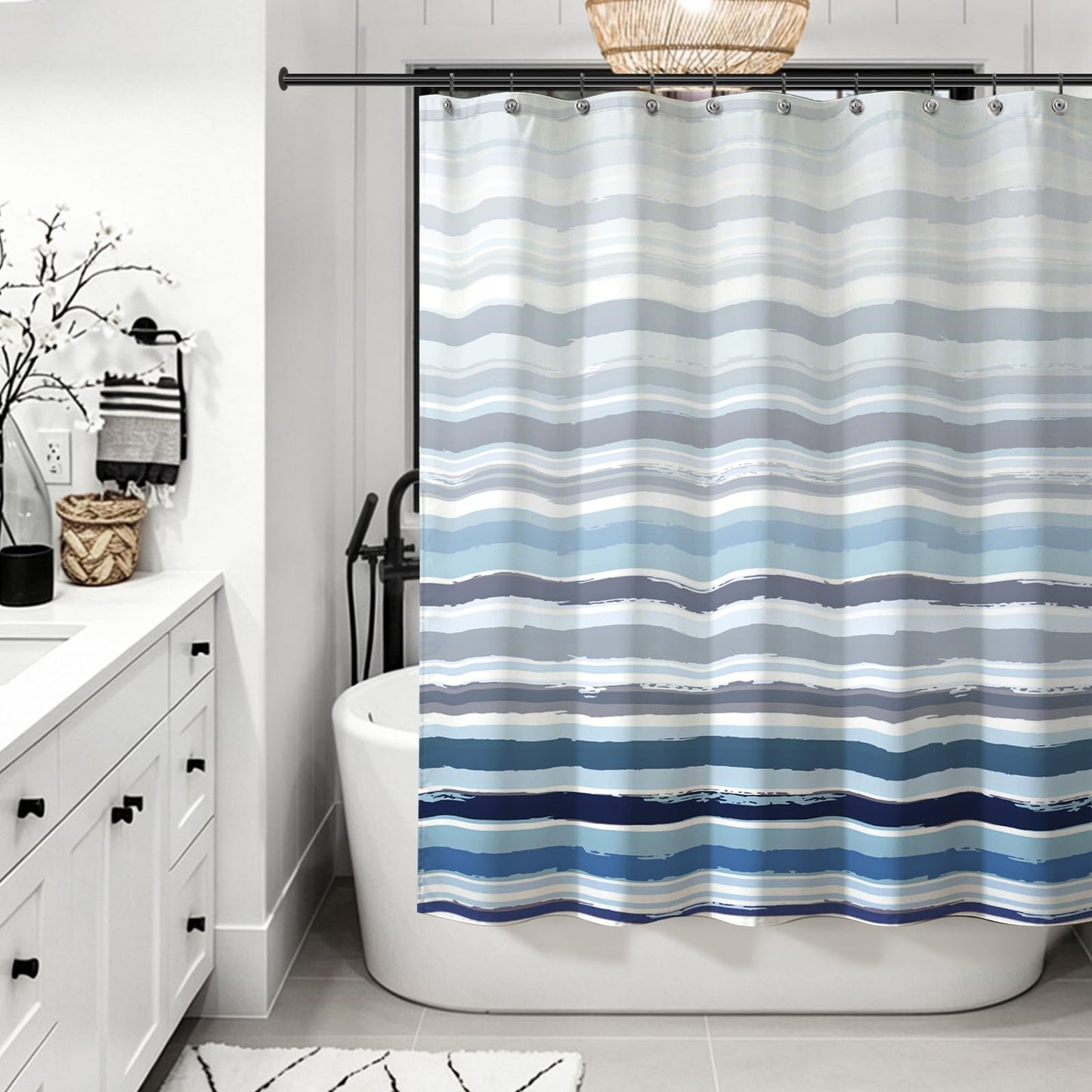 Sunlit Sunset Ombre Striped Shower Curtain, Blue and Orange Textured Slubbed Fabric Shower Curtain for Bathroom Decoration, Gradient Stripe Bathroom Curtain, 72x72