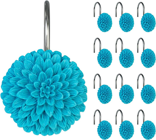 Sunlit Decorative Floral Shower Curtain Hooks, Turquoise Dahlia Pinnata Flower Shower Curtain Rings, Resin, Bathroom Decoration Blue Shower Curtain Hooks-12 Pack