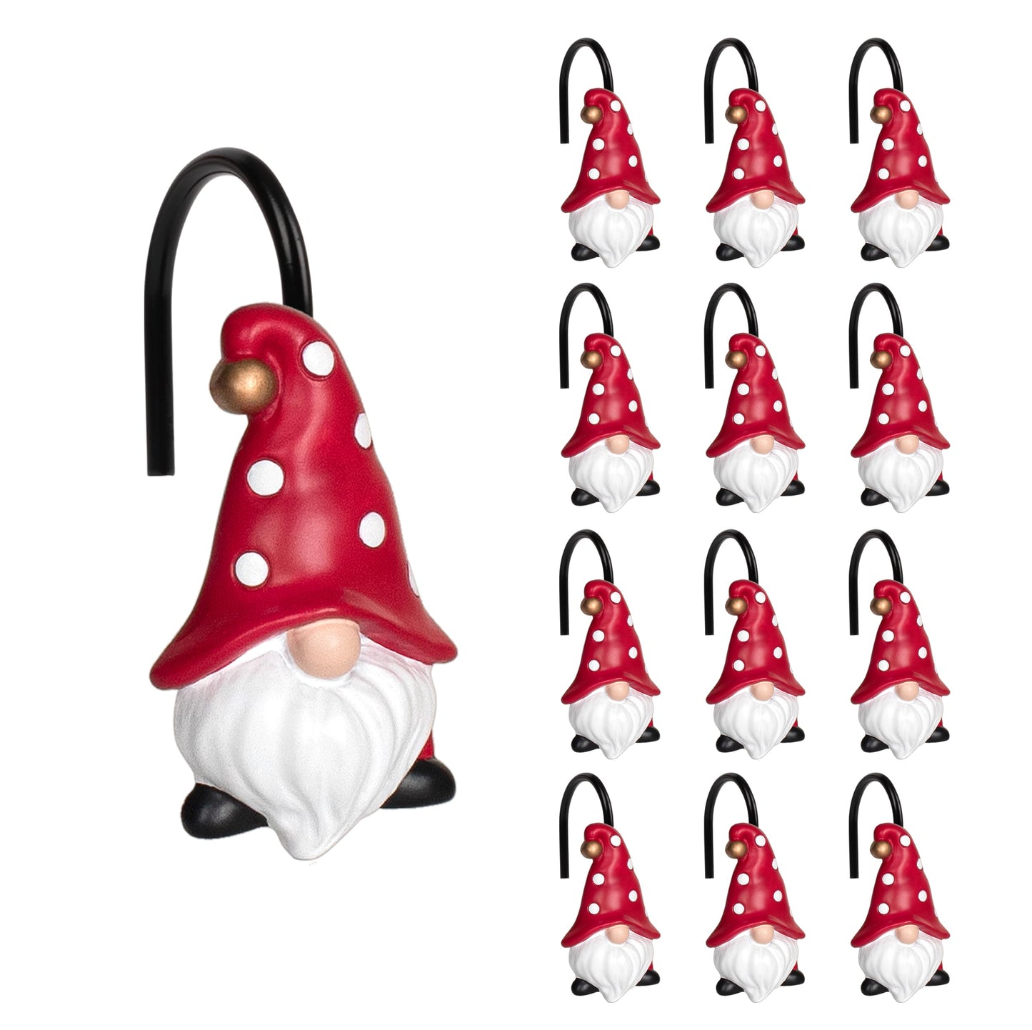Sunlit Christmas Shower Curtain Hooks, Gnome Shower Curtain Rings, Hand Painted Resin Christmas Decor, Winter Bathroom Decoration, Black Green Red with Star, Set of 12