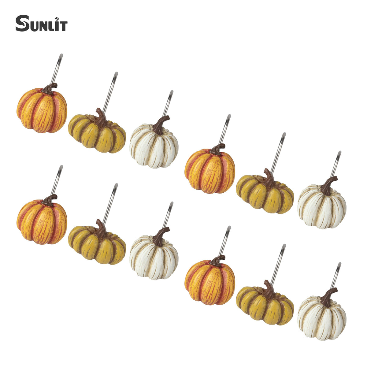 Sunlit Fall Pumpkin Decorative Shower Curtain Hooks, Autumn Harvest Festival Shower Curtain Rings, Resin Farmhouse Bathroom Curtain Hangers Decoration, Set of 12, Orange Blue White