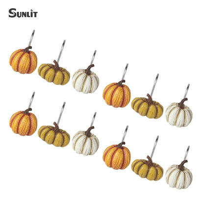 Sunlit Fall Pumpkin Decorative Shower Curtain Hooks, Autumn Harvest Festival Shower Curtain Rings, Resin Farmhouse Bathroom Curtain Hangers Decoration, Set of 12, Orange Blue White