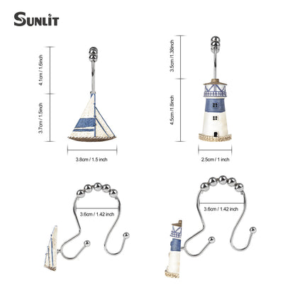 Sunlit Nautical Shower Curtain Hooks, Home Decorative Coastal Shower Curtain Rings for Bathroom, Resin, Ocean Shower Curtain Hanger Hooks for Living Room, Set of 12, Blue Lighthouse Sailboat