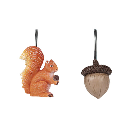 Sunlit Fall Autumn Decorative Shower Curtain Hooks, Pumpkin Maple Leaf Squirrel Acorn Shower Curtain Rings with Black Hooks, Resin, Orange Leaves Cute Bathroom Curtain Hangers Decoration, Set of 12