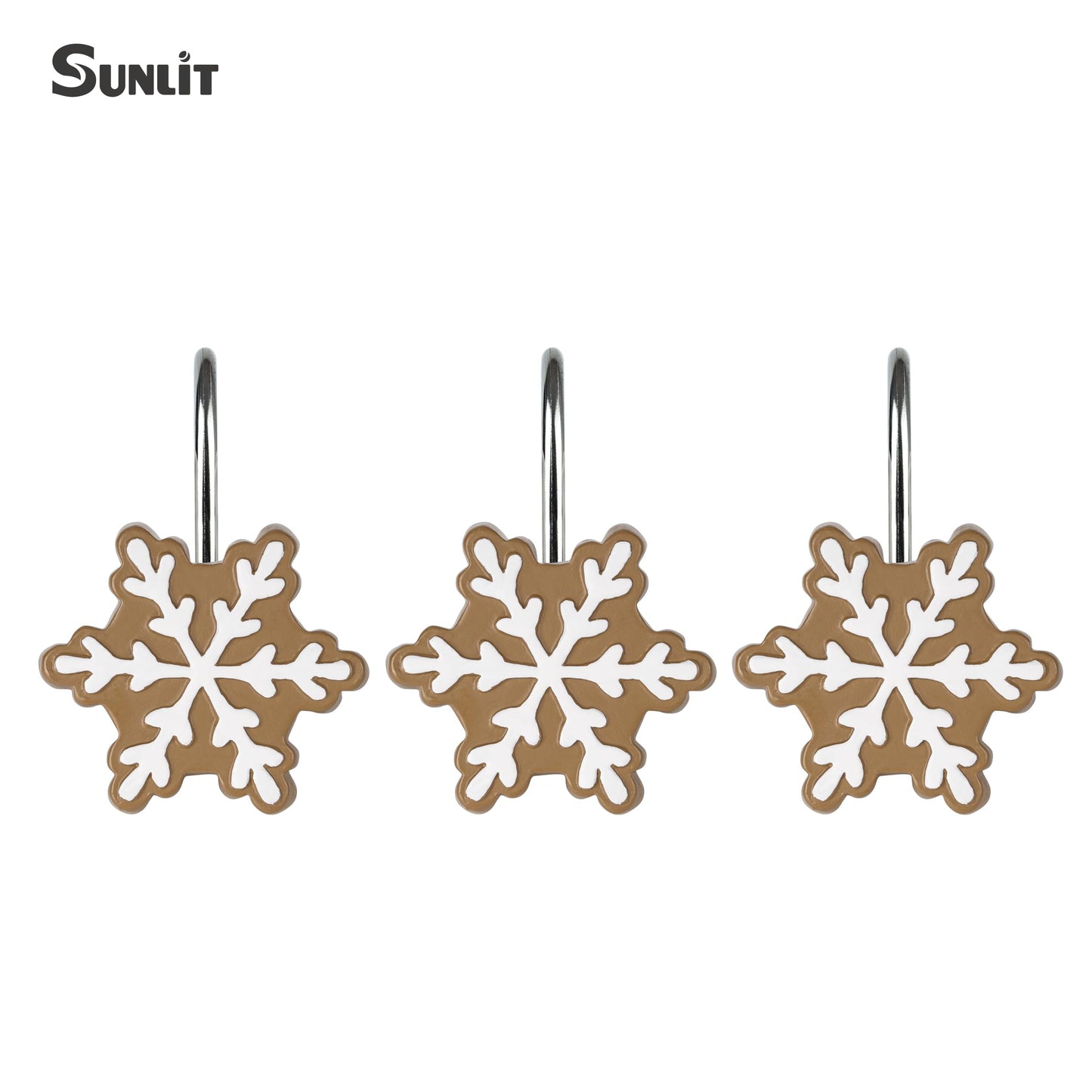 Sunlit Christmas Shower Curtain Hooks Snowflakes Double Shower Curtain Rings, Resin, Red and White Christmas Decor, Winter Bathroom Decoration - 12 Pack