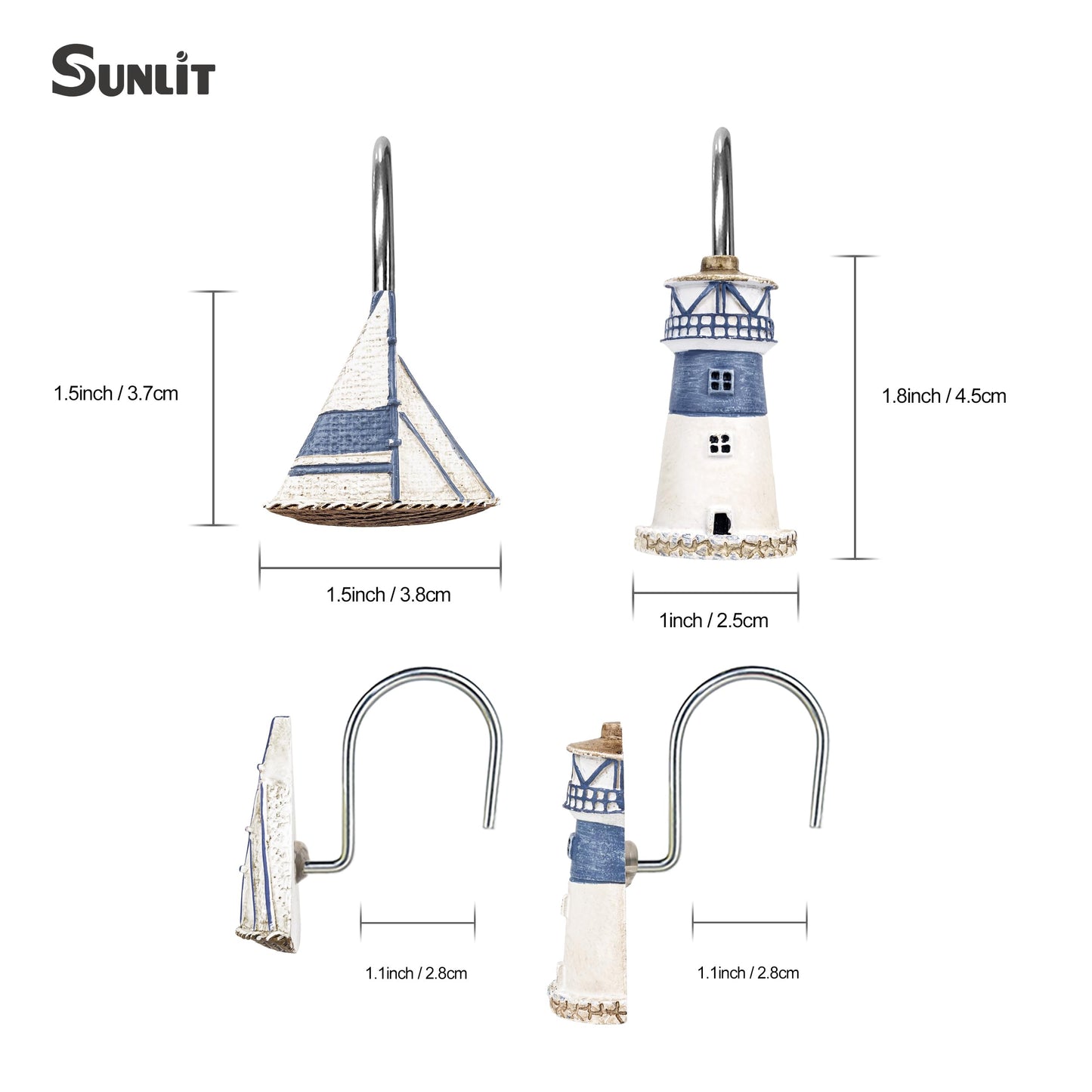 Sunlit Nautical Shower Curtain Hooks, Home Decorative Coastal Shower Curtain Rings for Bathroom, Resin, Ocean Shower Curtain Hanger Hooks for Living Room, Set of 12, Blue Lighthouse Sailboat