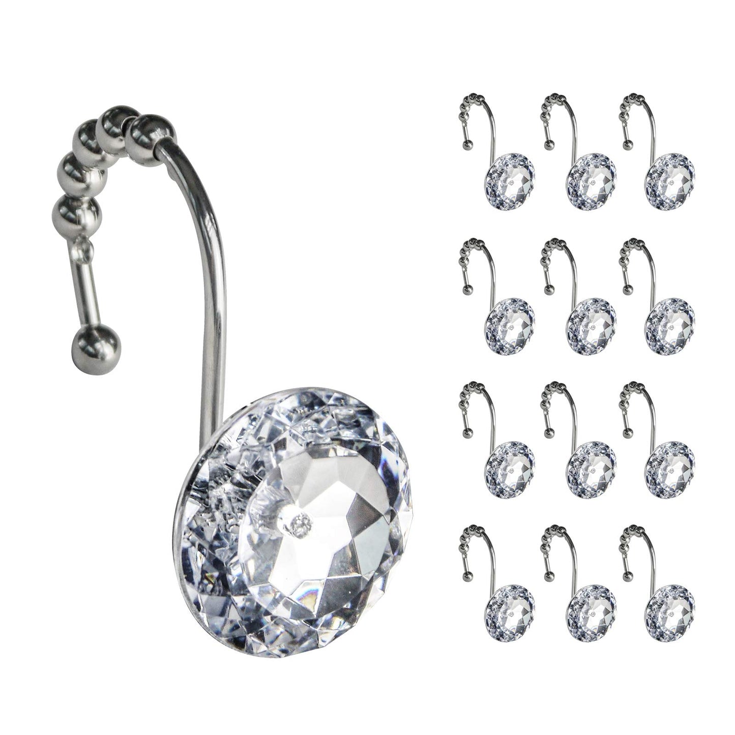 Sunlit Luxury Design Round Yellow Diamond Crystal Gem Bling with Glide Balls Shower Curtain Hooks, Rust Proof Metal Rhinestones Glam Shower Curtain Rings-12 Pack