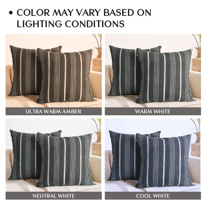 Sunlit Decorative Farmhouse Throw Pillow Case, Set of 2 Cream/Off-White with Black Stripes Modern Accent Square Pillow Cover, 22" x 22", Textured Linen Throw Cushion Covers for Couch Chair Bedroom