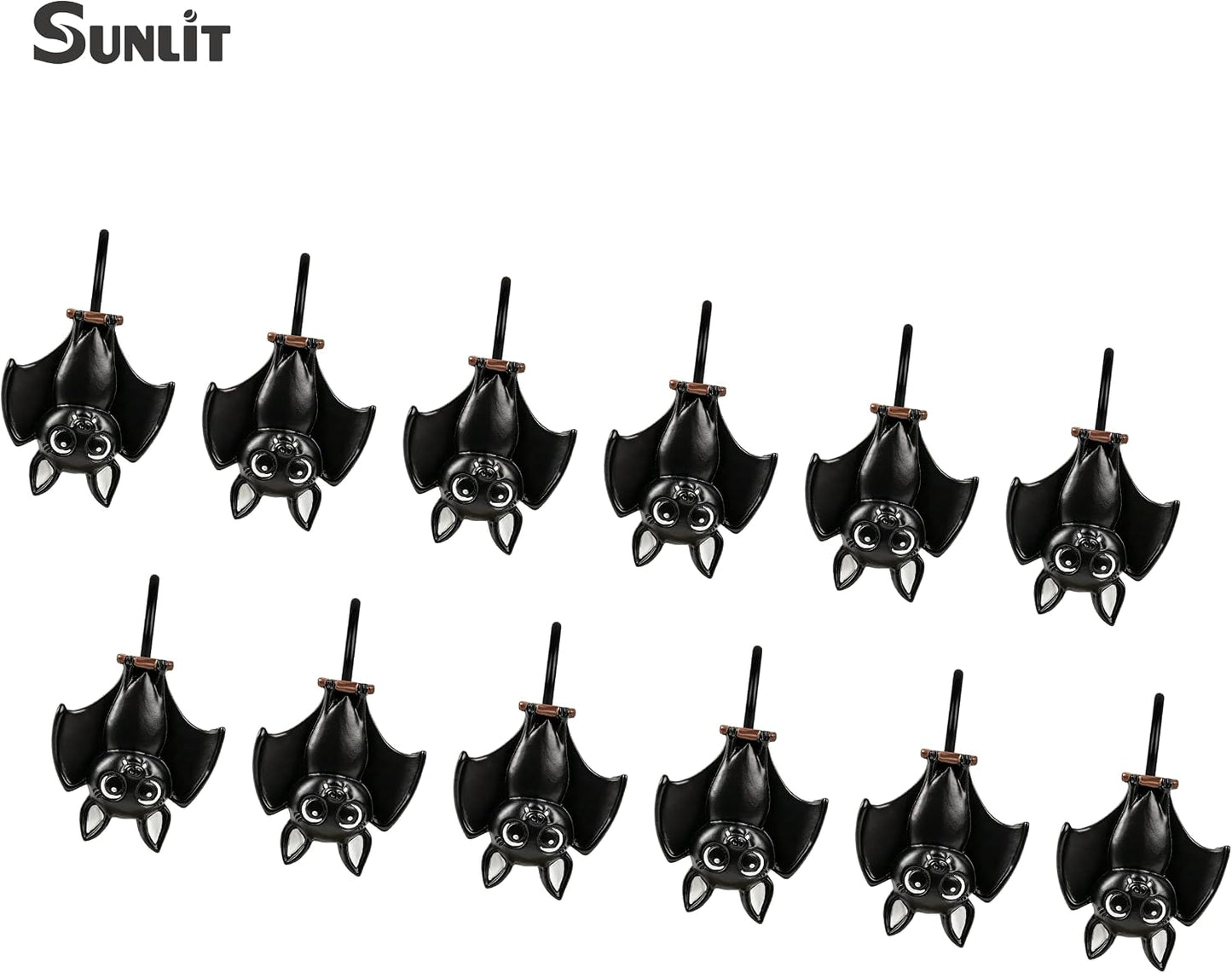 Sunlit Upside Down Bat Shower Curtain Hooks, Home Decorative Shower Curtain Rings for Bathroom, Halloween Shower Curtain Hangers Bathroom Accessories, Set of 12, Black