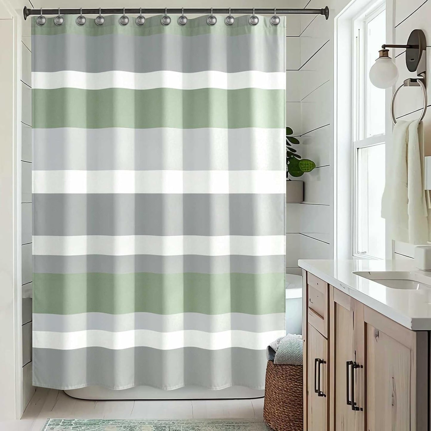 Sunlit Sage Green Gray Horizontal Stripes Water-Repellent Fabric Shower Curtain with Reinforced Metal Grommets Refreshing Striped Design Bathroom Decor, 72x72