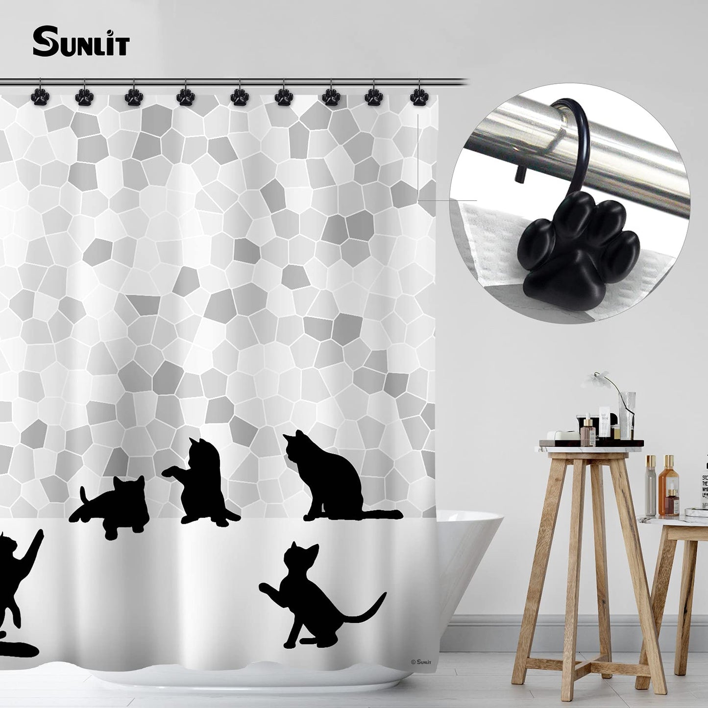 Sunlit Fashion Design Cute Paw Print Polished Double Shower Curtain Hooks for Dog Cat and Bear, Rust Proof Oil Metal Shower Curtain Rings, Black-12 Pack