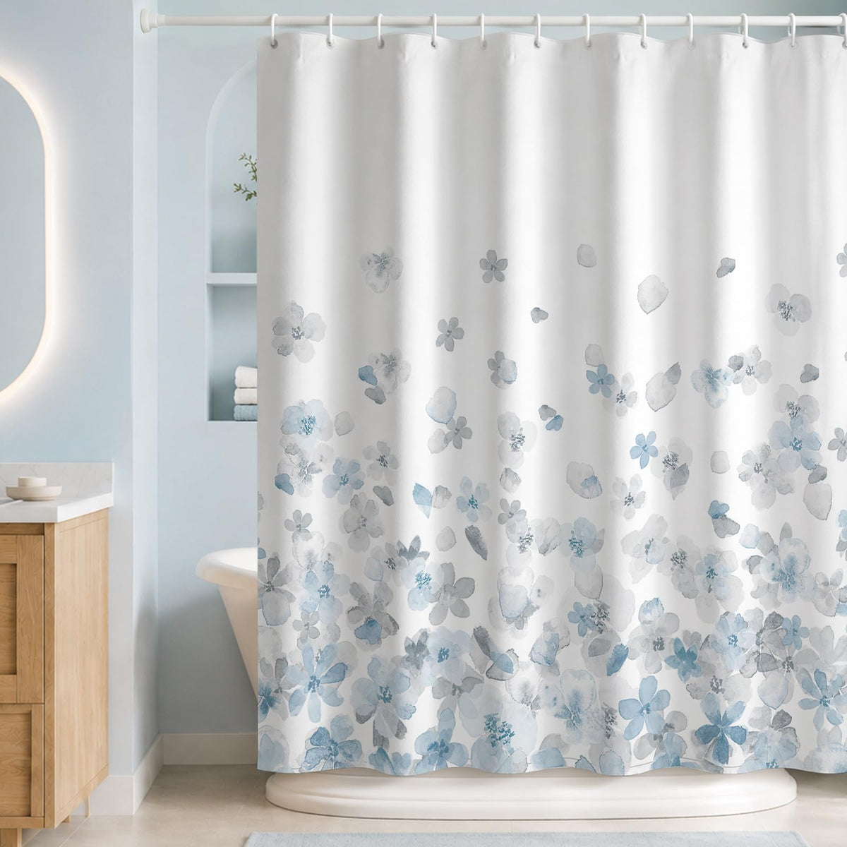 Sunlit Floral Fabric Shower Curtain, Design Simple Style Yellow and Gray Flower Blossoms Shower Curtains for Bathroom Decor with White Background, Machine Washable, 72x72