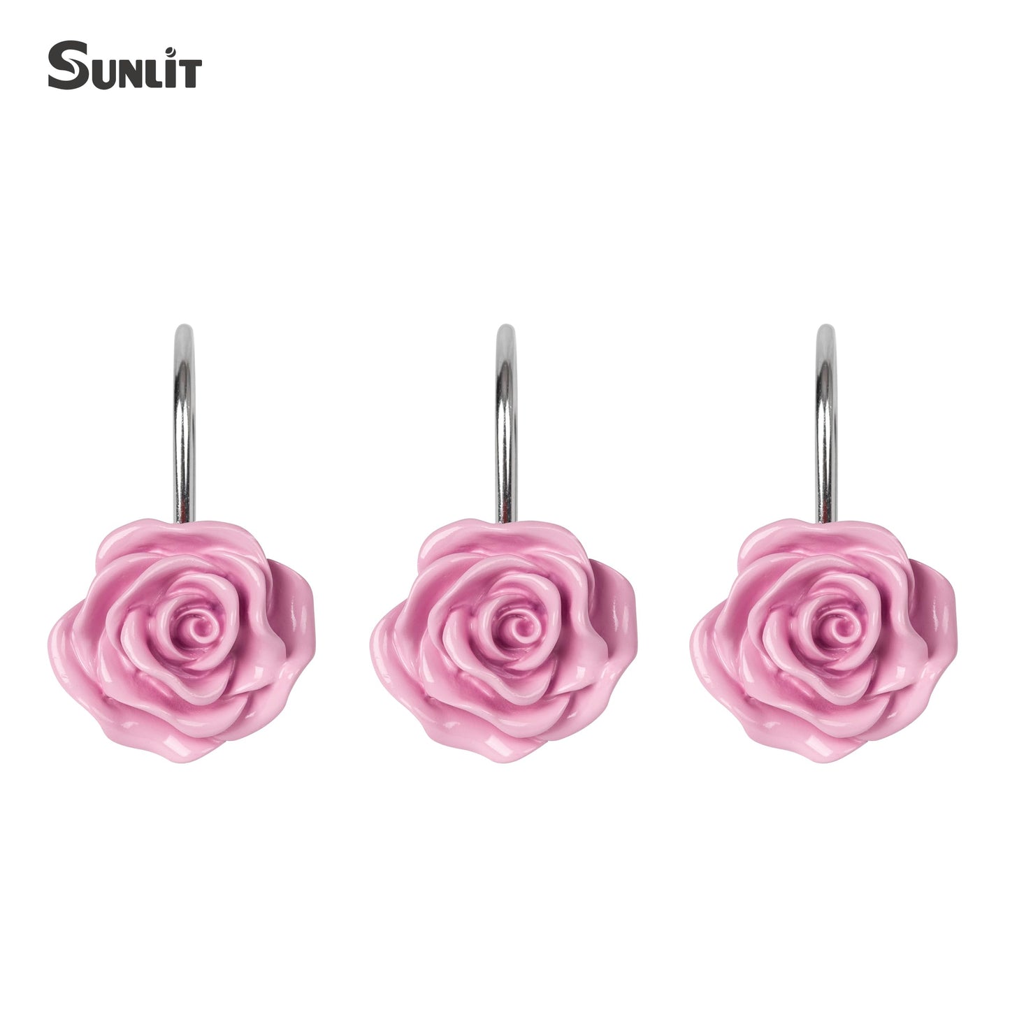 Sunlit Rose Shower Curtain Hooks, Home Decorative Flower Shower Curtain Rings for Bathroom, Resin, Pink Floral Shower Curtain Hanger Hooks for Living Room, Set of 12