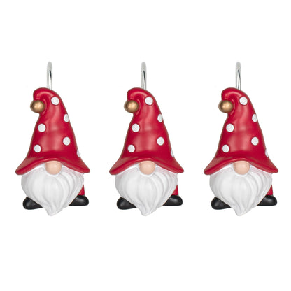 Sunlit Christmas Shower Curtain Hooks, Gnome Shower Curtain Rings, Hand Painted Resin Christmas Decor, Winter Bathroom Decoration, Black Green Red with Star, Set of 12