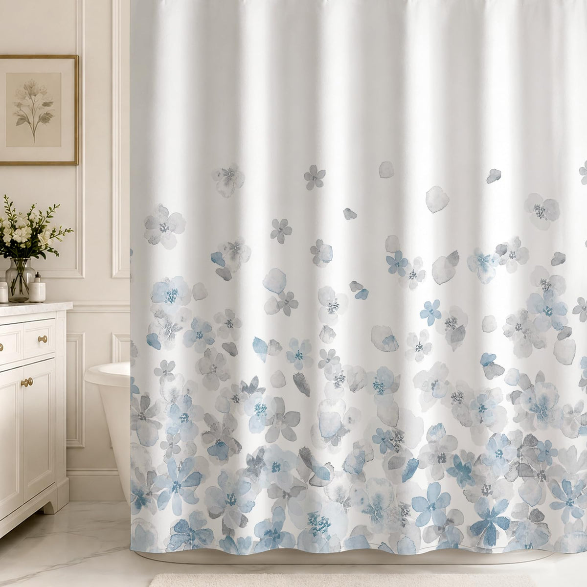Sunlit Floral Fabric Shower Curtain, Design Simple Style Yellow and Gray Flower Blossoms Shower Curtains for Bathroom Decor with White Background, Machine Washable, 72x72
