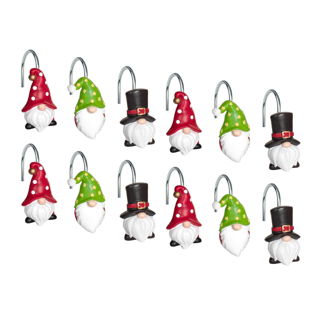 Sunlit Christmas Shower Curtain Hooks, Gnome Shower Curtain Rings, Hand Painted Resin Christmas Decor, Winter Bathroom Decoration, Black Green Red with Star, Set of 12