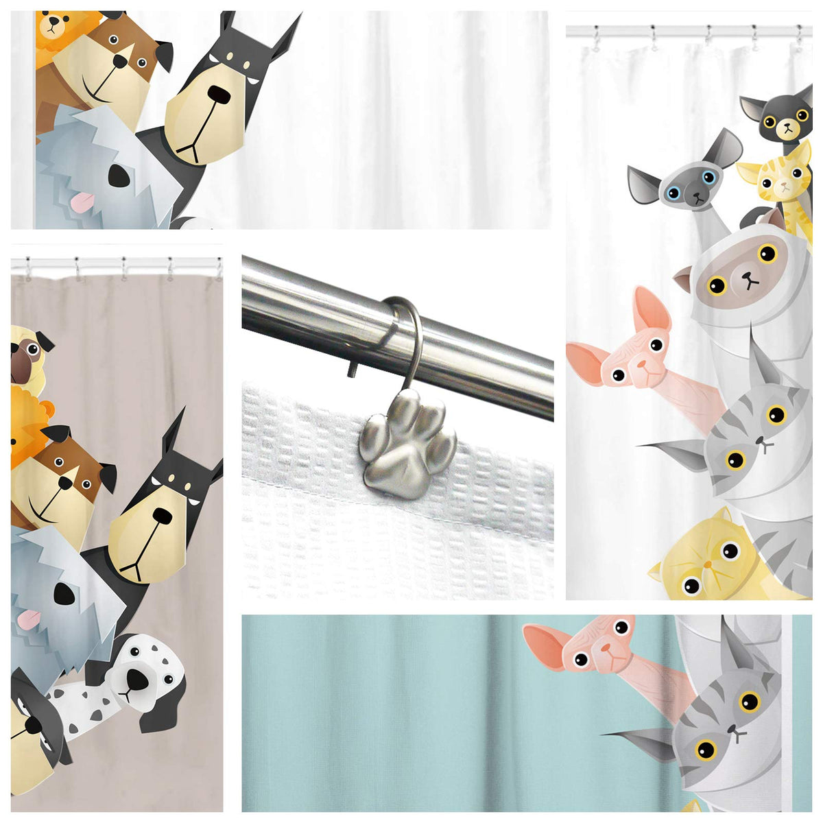 Sunlit Fashion Design Cute Paw Print Polished Double Shower Curtain Hooks for Dog Cat and Bear, Rust Proof Oil Metal Shower Curtain Rings, Black-12 Pack