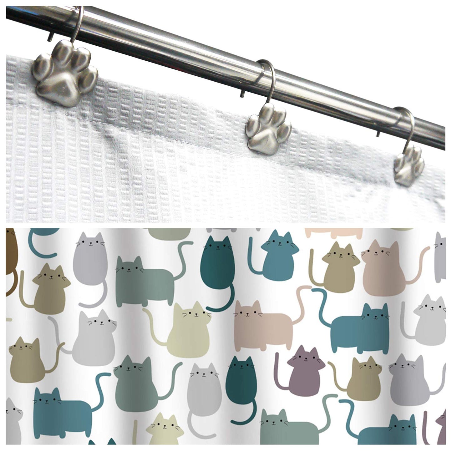 Sunlit Fashion Design Cute Paw Print Polished Double Shower Curtain Hooks for Dog Cat and Bear, Rust Proof Oil Metal Shower Curtain Rings, Black-12 Pack
