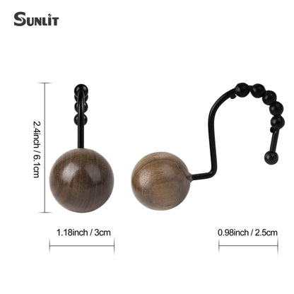 Sunlit Boho Wood Beads Decorative Shower Curtain Hooks, Shower Curtain Rings with Roller Balls, Farmhouse Bathroom Decoration Curtain Hangers Accessories, Set of 12, Walnut Wood