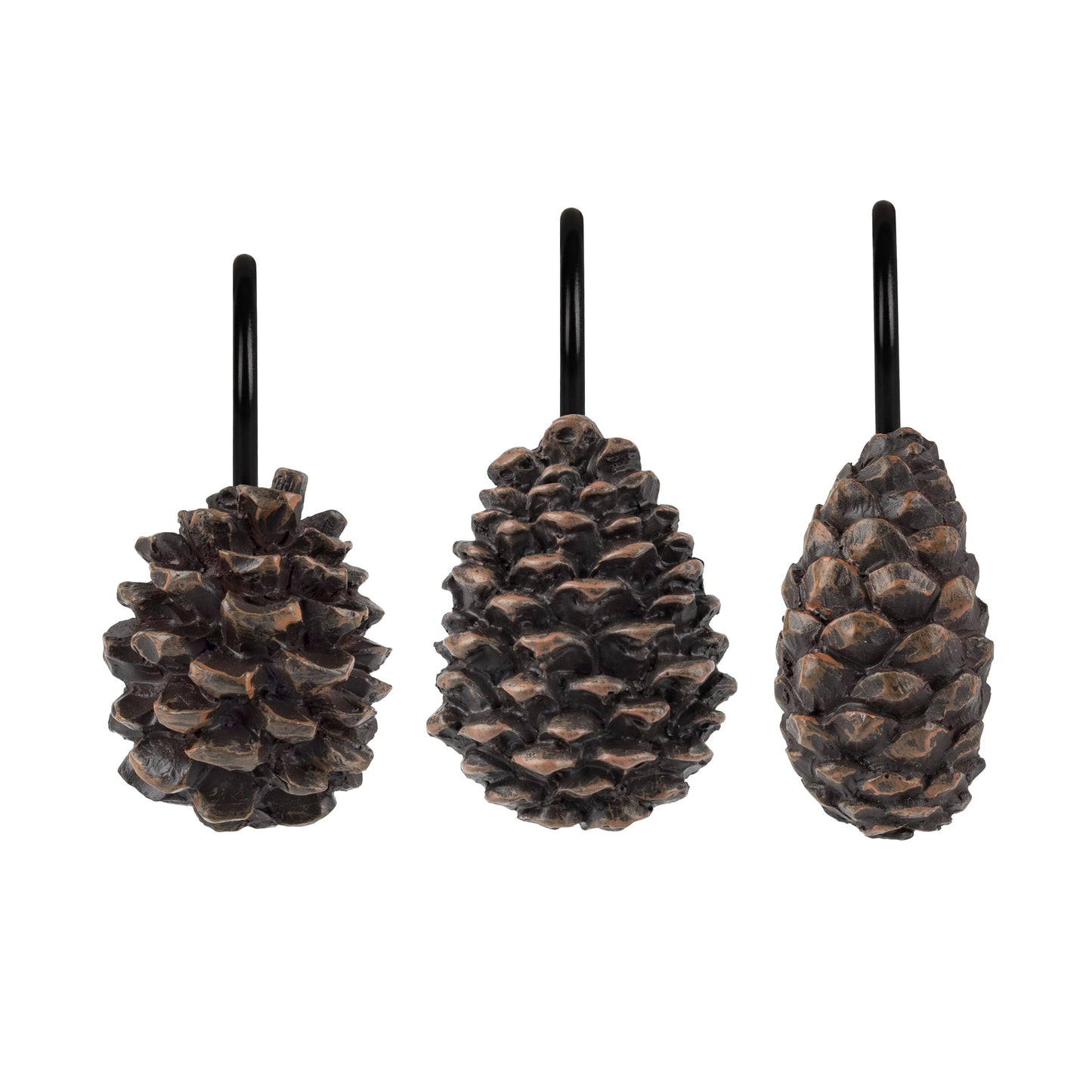 Sunlit Snowy Pinecone Shower Curtain Hooks Set of 12, Snow-Tipped Pine Cone Curtain Rings for Christmas Winter Bathroom Decor, Rustic Decorative Resin Bath Accessories