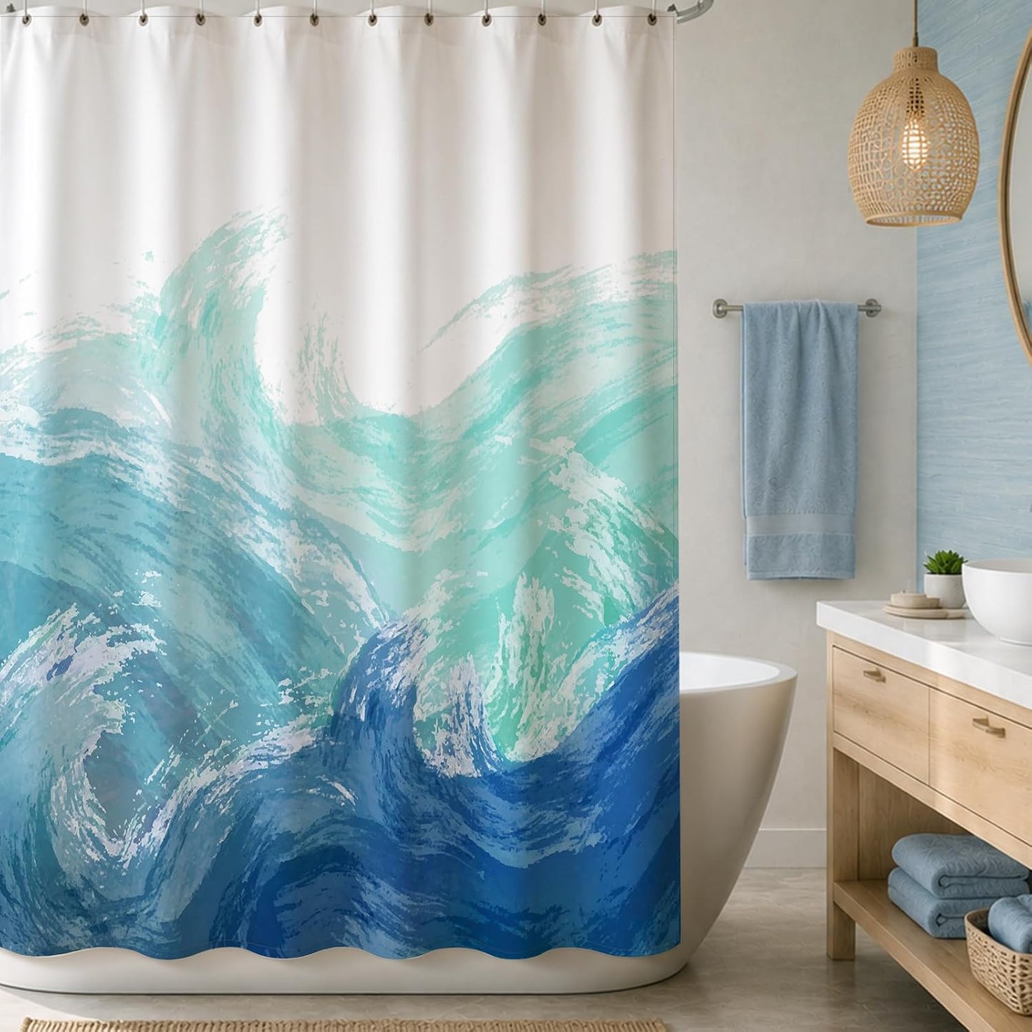 Sunlit Wave Shower Curtain, Ombre Blue and Green Ocean Theme Shower Curtain for Bathroom Modern Decor Waterproof Tapestry, 72x72 Inch