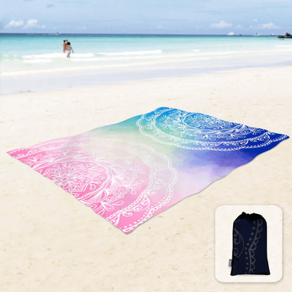 Sunlit 10'x9' Extra Large Boho Sand Proof Beach Blanket, Sand Proof Mat with Corner Pockets and Mesh Bag for Beach Party, Travel, Camping and Outdoor Music Festival, Light Orange and Sky Blue Mandala