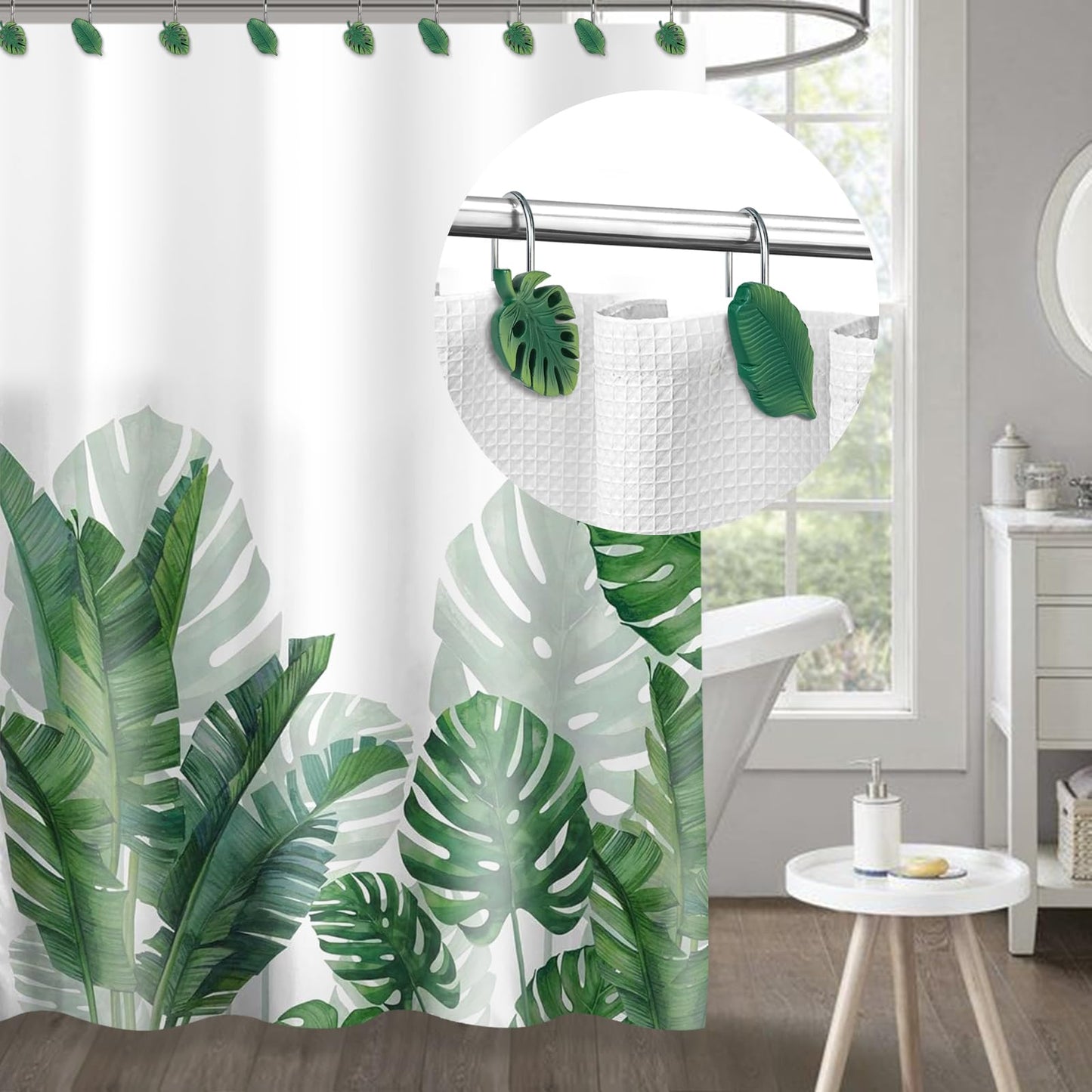 Tropical Leaf Decorative Shower Curtain Hooks Green Botanical Shower Curtain Rings, Resin, Monstera Deliciosa Leaves Shower Curtain Hangers for Bathroom, Set of 12