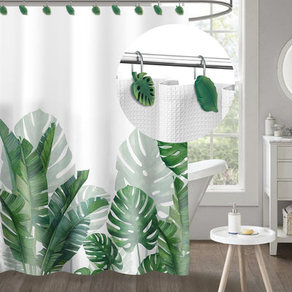 Tropical Leaf Decorative Shower Curtain Hooks Green Botanical Shower Curtain Rings, Resin, Monstera Deliciosa Leaves Shower Curtain Hangers for Bathroom, Set of 12