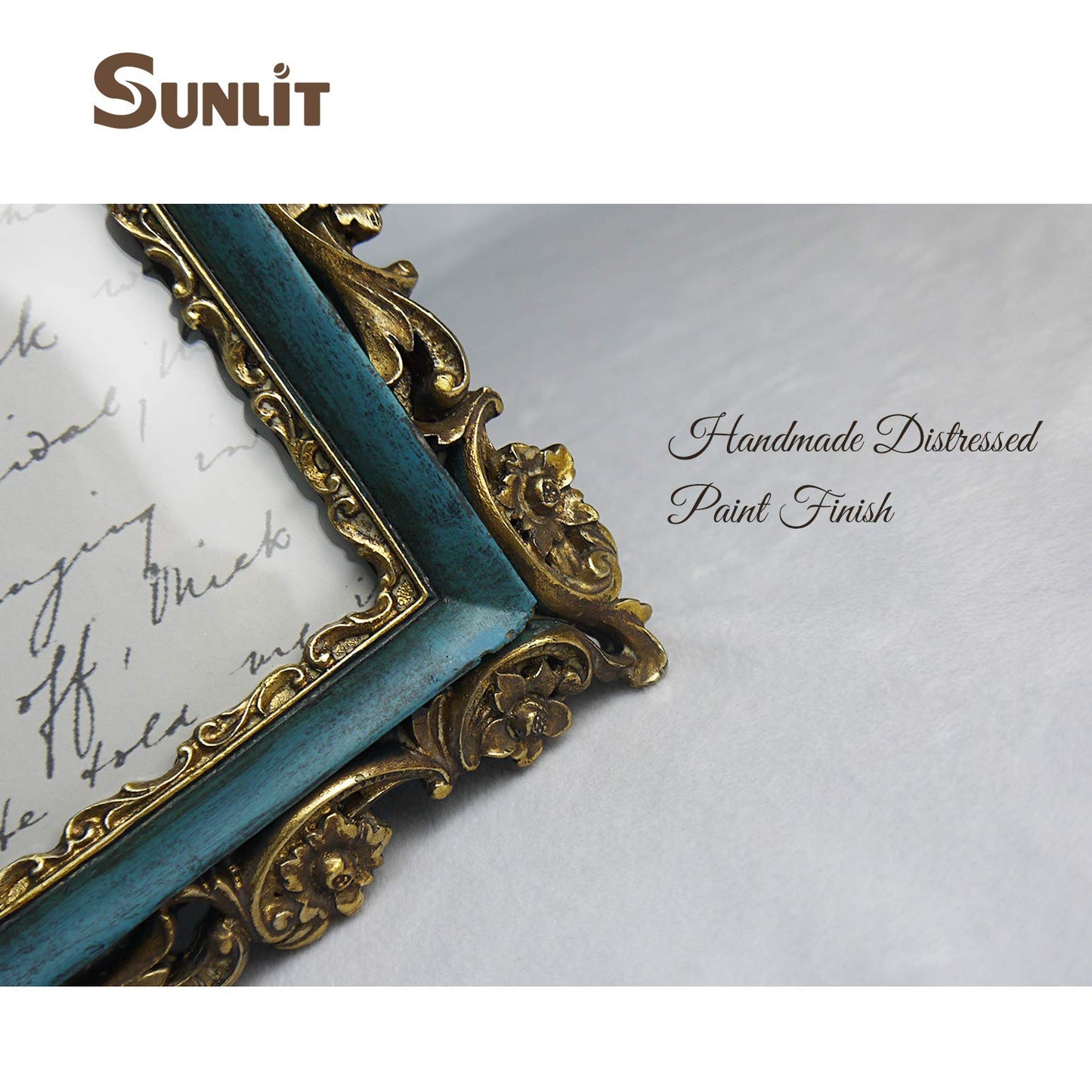 Sunlit Vintage Picture Frame 4x6 Inch, Luxury Antique Photo Frames with Glass Front, Photo Display, Tabletop Wall Hanging, Gift Ideas, Retro Blue and Gold