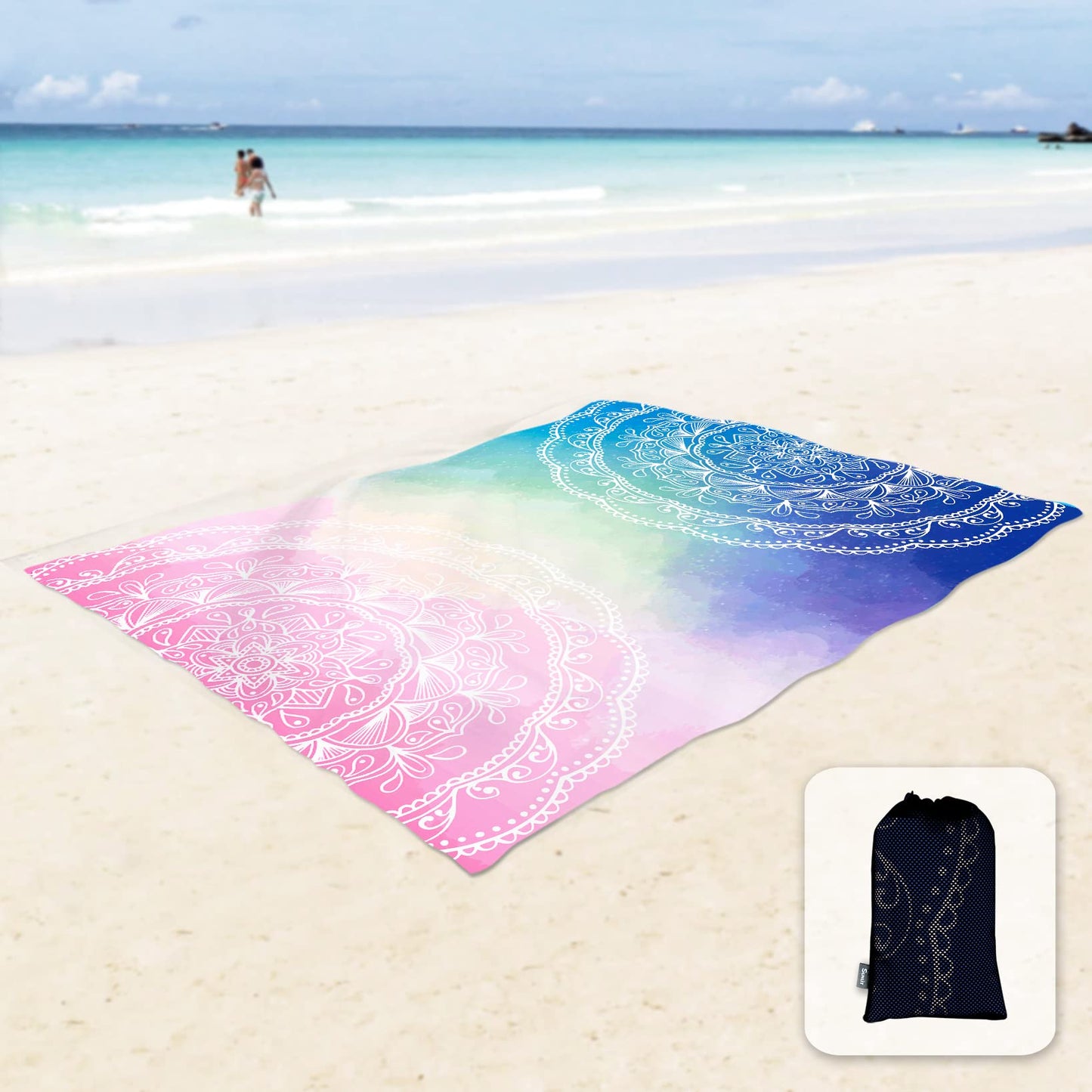 Sunlit 10'x9' Extra Large Boho Sand Proof Beach Blanket, Sand Proof Mat with Corner Pockets and Mesh Bag for Beach Party, Travel, Camping and Outdoor Music Festival, Light Orange and Sky Blue Mandala