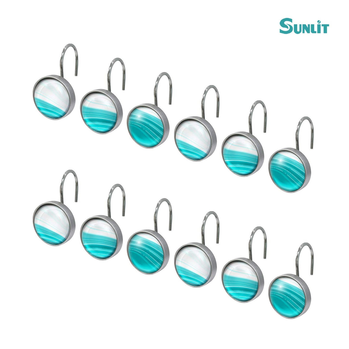 Sunlit Round Crystal Glass Decorative Shower Curtain Hooks, Rust Proof Oil Rubbed Metal Shower Curtain Rings-12 Pack, Gradient Blue